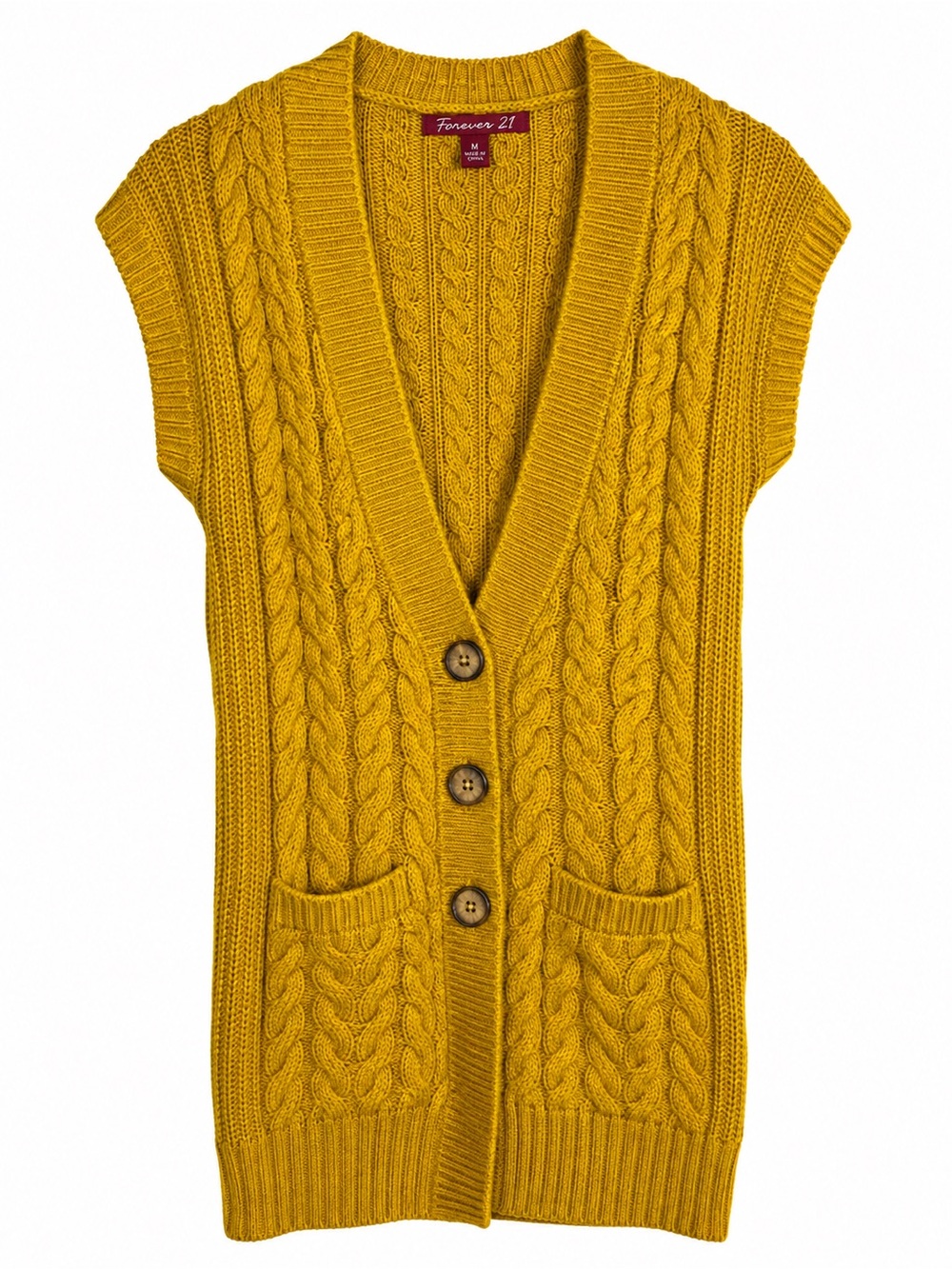 Forevercute Cable Knit Long Sweater Vest Button Front Mustard Yellow Size M